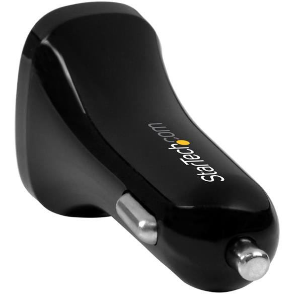 Dual-port USB car charger in black, outputs 24W/4.8A, ideal for charging two devices simultaneously while driving.