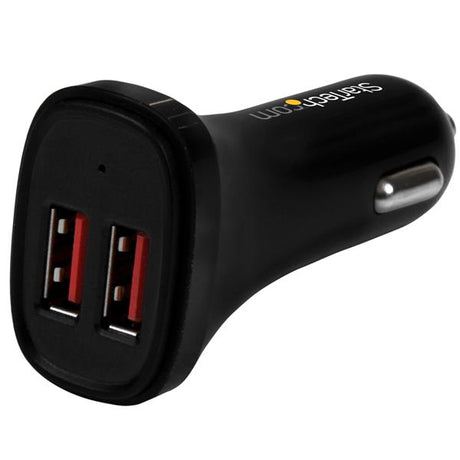 Dual-port USB car charger in sleek black, delivering 24W power for simultaneous device charging on the go.