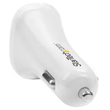 Dual-Port USB car charger in white, offering 24W/4.8A power for simultaneous charging of two devices on the go.