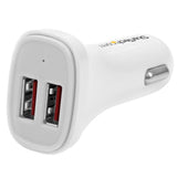 Dual-Port USB Car Charger in white, delivering 24W and 4.8A, charges two devices simultaneously with Smart IC technology.