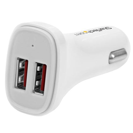 Dual-Port USB Car Charger in white, delivering 24W and 4.8A, charges two devices simultaneously with Smart IC technology.