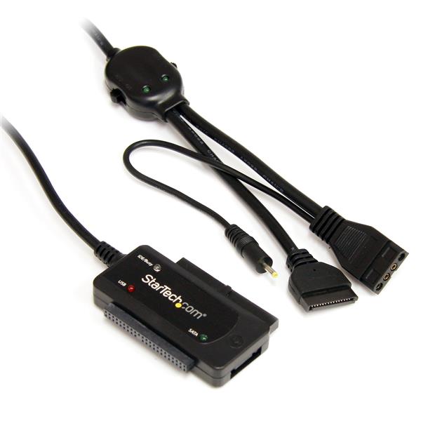 "USB 2.0 to SATA/IDE adapter connecting 2.5/3.5 drives for seamless data transfer with LED indicators for status monitoring."