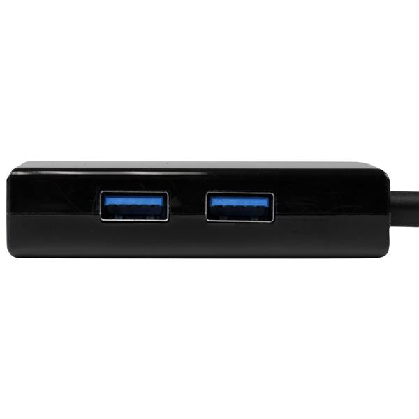 USB 3.0 to Gigabit Network Adapter with 2-Port Hub, enabling wired connectivity and fast data transfer for laptops and tablets.