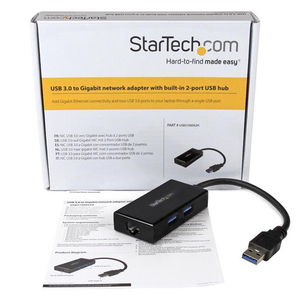 USB 3.0 to Gigabit Network Adapter with 2-Port USB Hub for seamless wired connectivity and additional USB device support.