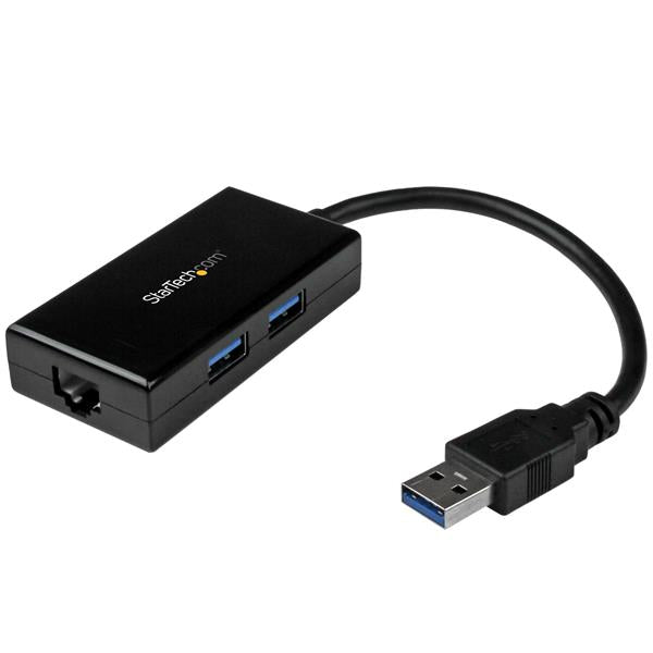 USB 3.0 to Gigabit Network Adapter with 2-Port Hub, enabling fast wired connections and additional USB device connectivity.