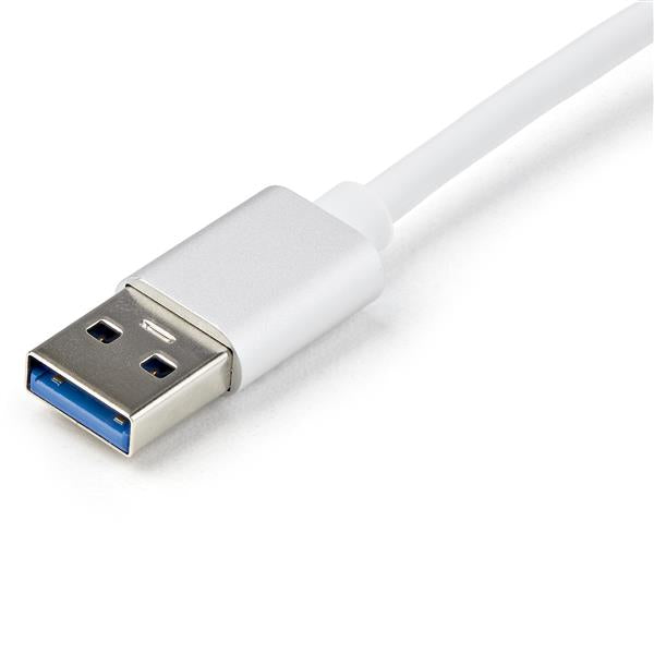 Sleek silver USB 3.0 to Gigabit Network Adapter for fast Ethernet connectivity on laptops, tablets, and Chromebooks.