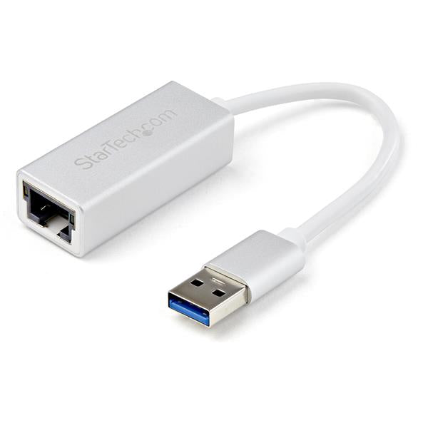 Sleek silver USB 3.0 to Gigabit Network Adapter enabling fast internet via RJ45 port, perfect for MacBooks and Chromebooks.