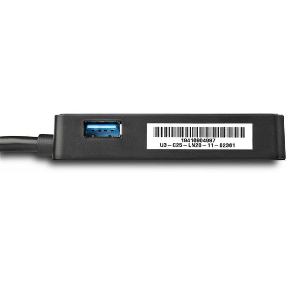 USB 3.0 to Gigabit Ethernet Adapter in black, featuring USB passthrough, 10/100/1000 Mbps support, ideal for laptops.