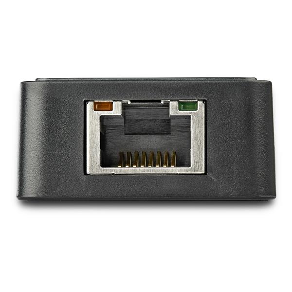 USB 3.0 to Gigabit Ethernet adapter in black, featuring an extra USB passthrough for reliable high-speed internet connectivity.