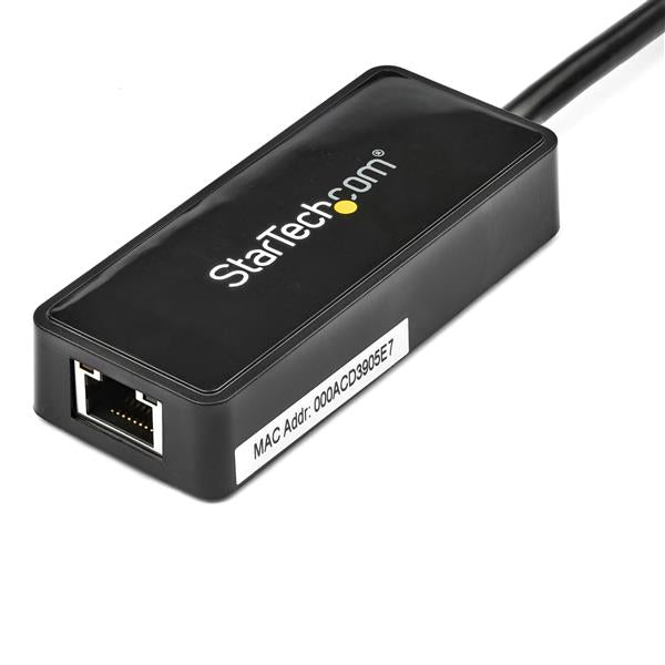 USB 3.0 to Gigabit Ethernet Adapter in black, featuring passthrough USB port for added connectivity and high-speed network access.