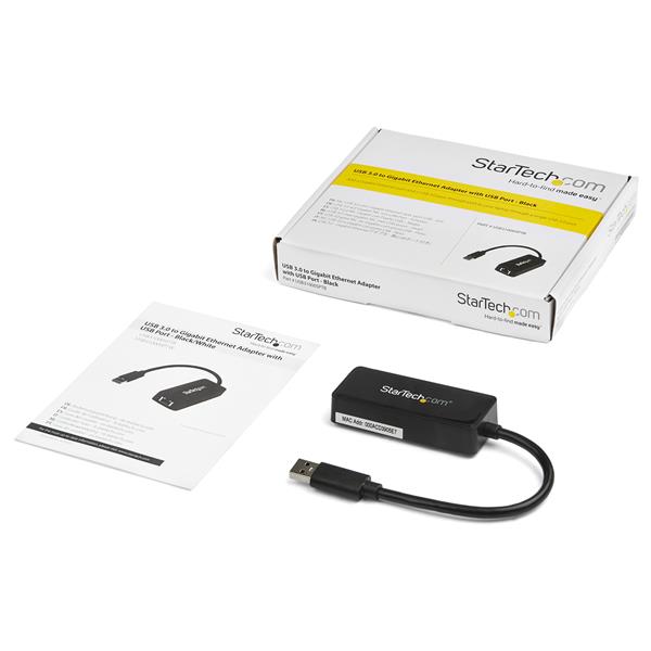 USB 3.0 to Gigabit Ethernet adapter in black, with passthrough port for added connectivity and speed for laptops and Ultrabooks.