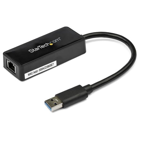 USB 3.0 to Gigabit Ethernet adapter in black with passthrough USB port, supports 10/100/1000 Mbps for laptops and Ultrabooks.