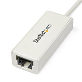 USB 3.0 to Gigabit Ethernet adapter in white, providing fast, reliable network connections and supporting advanced features.