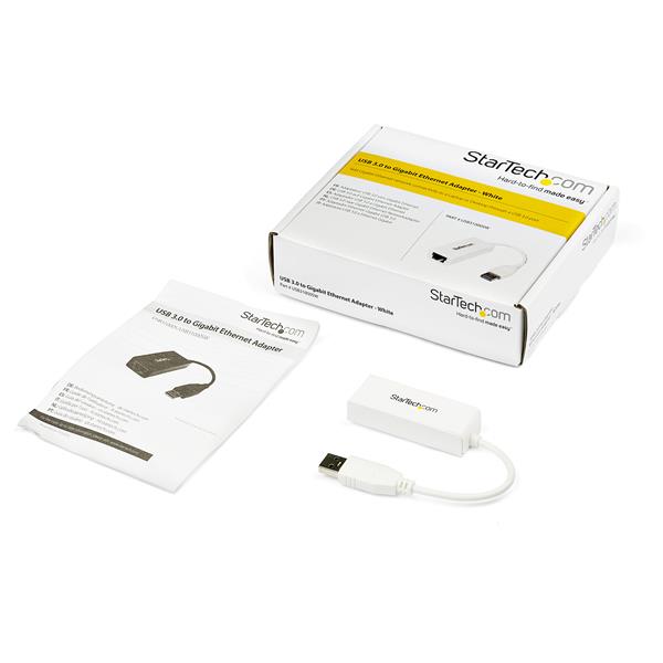 USB 3.0 to Gigabit Ethernet adapter in white, offering fast, reliable internet connectivity for computers and laptops.