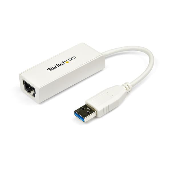 USB 3.0 to Gigabit Ethernet adapter in sleek white, adding RJ45 port for fast, reliable network connections.