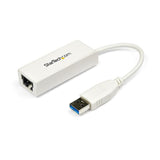 USB 3.0 to Gigabit Ethernet adapter in sleek white, adding RJ45 port for fast, reliable network connections.