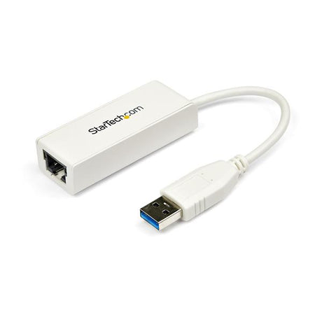 USB 3.0 to Gigabit Ethernet adapter in sleek white, adding RJ45 port for fast, reliable network connections.