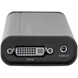 USB 3.0 capture device in aluminum, records 1080p video at 60fps with DVI input and audio, compatible with Windows and Mac.