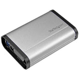 USB 3.0 DVI capture device in aluminum, capturing 1080p 60fps video with audio input and DVI pass-through for real-time monitoring.