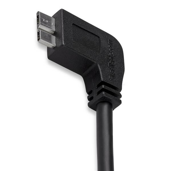 Slim Micro USB 3.0 cable with left-angle connector for easy device connection in tight spaces, 0.5m long, 5 Gbps transfer speed.