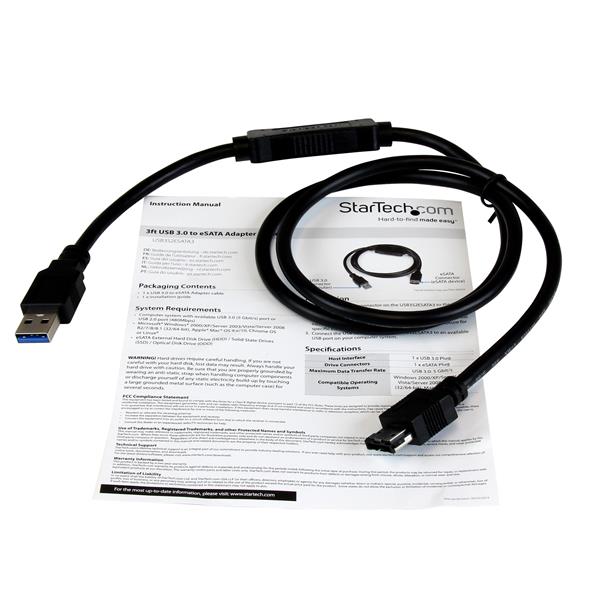 USB 3.0 to eSATA adapter cable connects external drives for fast data transfer, ideal for laptops without eSATA ports.