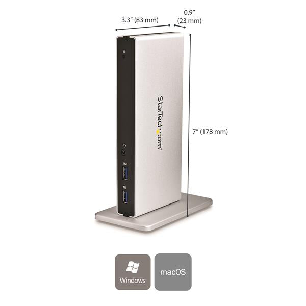 DVI Dual-Monitor Docking Station transforming laptops into high-performance workstations with multiple displays and USB ports.