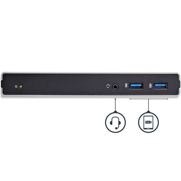 DVI dual-monitor docking station for laptops with HDMI, VGA adapters, five USB 3.0 ports, and vertical space-saving design.