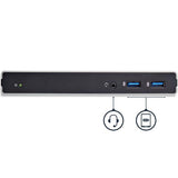 DVI dual-monitor docking station for laptops with HDMI, VGA adapters, five USB 3.0 ports, and vertical space-saving design.