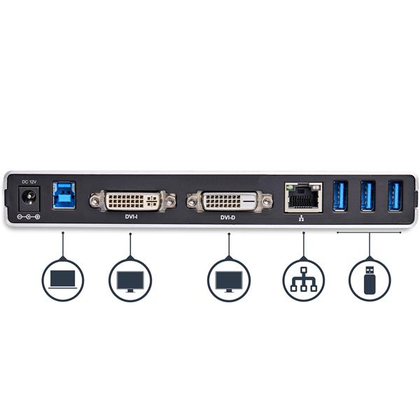 DVI Dual-Monitor Docking Station with HDMI/VGA adapters, USB 3.0 ports, and vertical design for enhanced productivity.