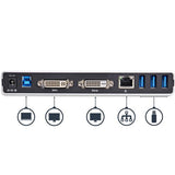 DVI Dual-Monitor Docking Station with HDMI/VGA adapters, USB 3.0 ports, and vertical design for enhanced productivity.