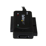 USB 3.0 to SATA/IDE Adapter connects bare drives, featuring LED indicators and supports fast 5 Gbps data transfer.