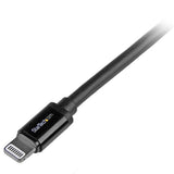 USB to Lightning cable in black, 2m long, Apple MFi certified for reliable charging and syncing of iPhone, iPod, and iPad.