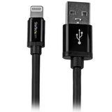 USB to Lightning cable, 2m long, Apple MFi certified, durable black design for reliable charging and syncing of Apple devices.