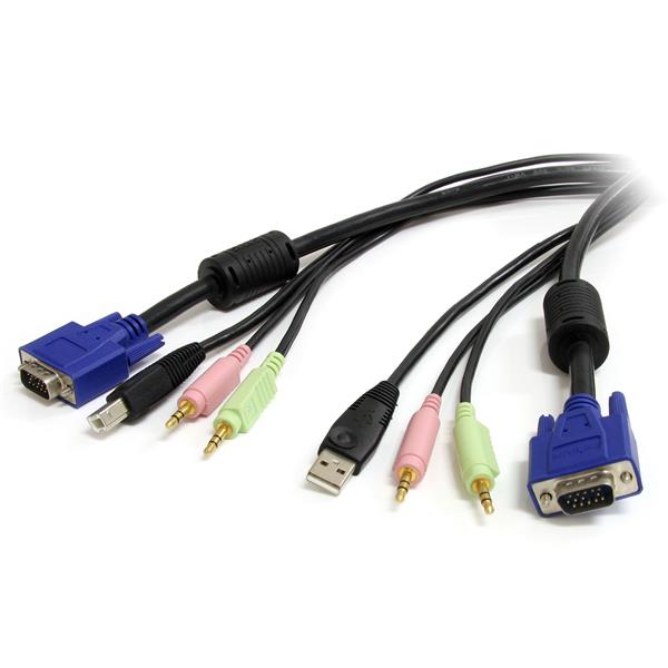 4-in-1 10ft USB VGA KVM cable with audio/microphone connections for seamless device switching and enhanced productivity.