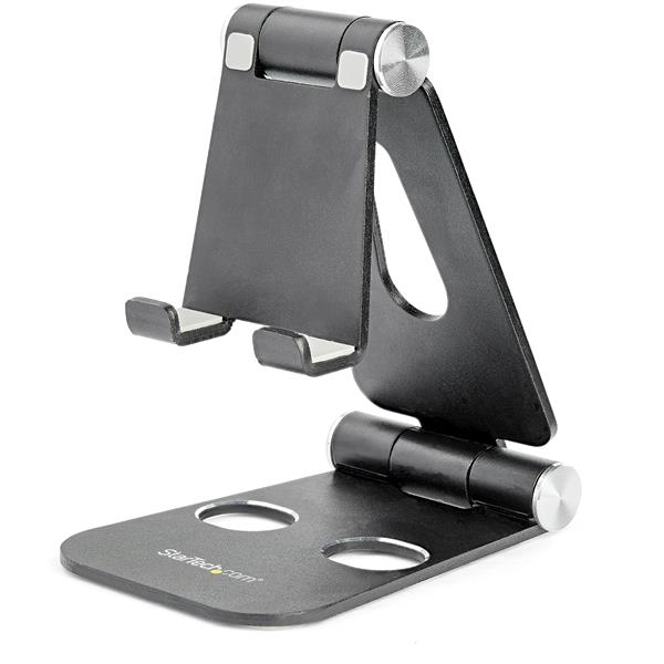 Universal Adjustable Smartphone Stand made of durable aluminum, holds phones and tablets from 4" to 13" for comfortable viewing.