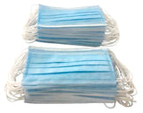 Box of 50 blue disposable 3-ply face masks with earloops, made of non-woven and melt-blown fabric, CE, ISO, FDA certified.