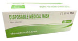 Blue disposable 3-ply face masks with earloops, box of 50, made from non-woven and melt-blown fabric.