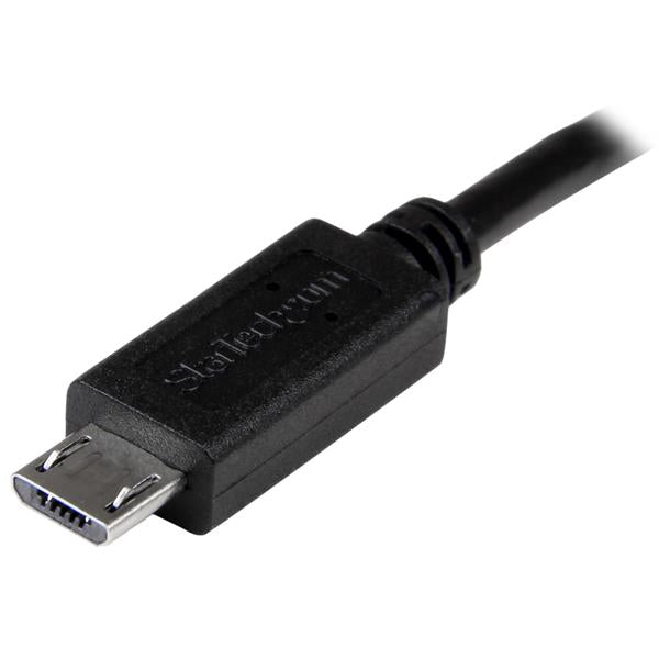 USB OTG cable transforming Micro-USB into a host connection for devices, 8in long, ideal for data transfer and gaming.