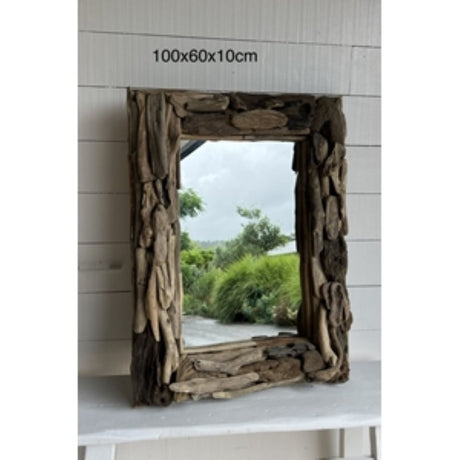 Rectangle mirror with driftwood frame, 100 x 62 x 10 cm, perfect for adding rustic charm to any room's decor.