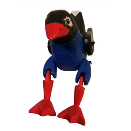 Whimsical wooden Pukeko bird decor with dangling legs, measuring 9x7x12cm, perfect for nature-themed spaces.