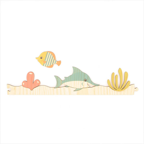 Vibrant jigsaw-style ocean-themed wall art for kids, featuring eco-friendly pine veneer and customizable arrangements.