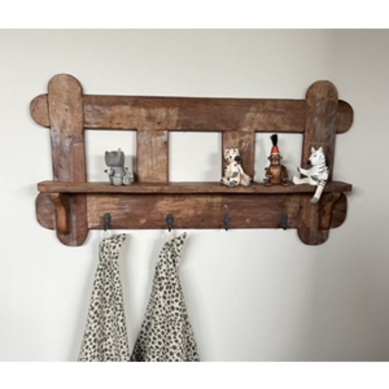 Teak 5 Hook Shelf (70cm) wall-mounted organizer with five hooks, showcasing natural wood elegance for any decor.