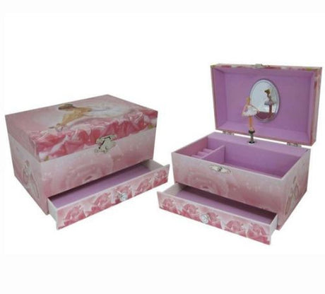 A pink musical jewellery box featuring a spinning ballerina and floral design, perfect for storing precious trinkets.