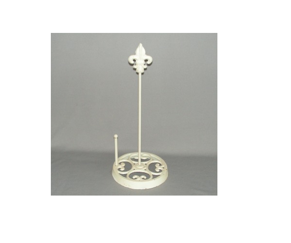 Antique-look white paper towel holder, 39cm cast iron design, perfect for stylish kitchen decor and easy access.