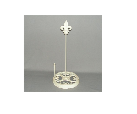 Antique-look white paper towel holder, 39cm cast iron design, perfect for stylish kitchen decor and easy access.