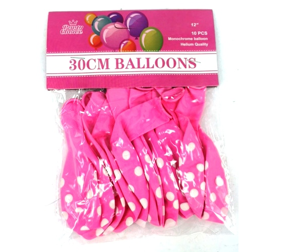 Pink 30cm balloons with polka dots, packed in sets of 10, ideal for air or helium filling.