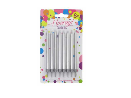 Eight elegant metallic silver candles, each 10cm tall, perfect for enhancing cake aesthetics at any celebration.