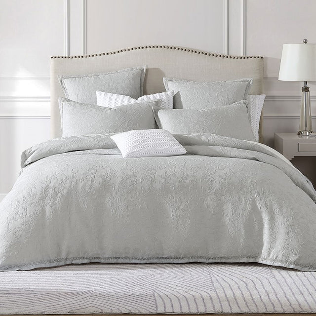 Super King Duvet Cover Set featuring floral jacquard design and silver braid, includes 2 pillowcases for ultimate comfort.