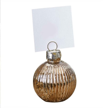 "Set of four 4cm gold ribbed glass bauble place card holders for elegant dining displays."