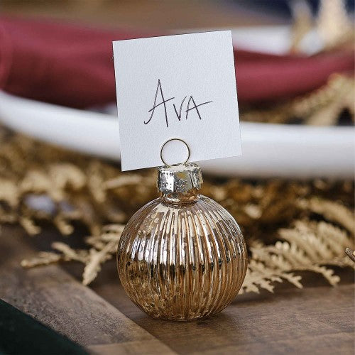 Gold ribbed glass bauble place card holders, 4cm each, perfect for elegant dining and celebrations, eco-friendly design.